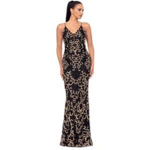 B&A By Betsy & Adam Womens Black & Gold Sequin Gown Size 6 With Spaghetti Straps